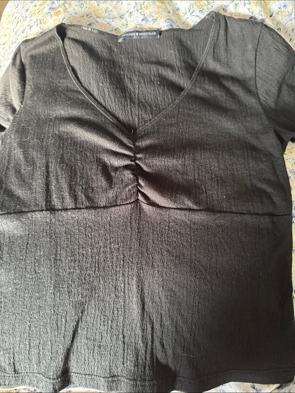 Brandy Melville Black V-Neck Ruched Short Sleeve Top